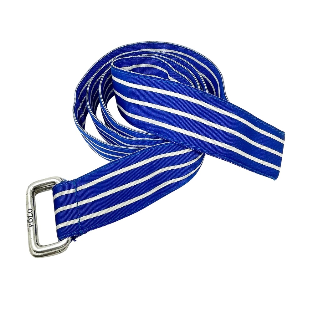 Polo Ralph Lauren Blue White Stripe Nautical Belt Preppy D-Ring Cinch Americana